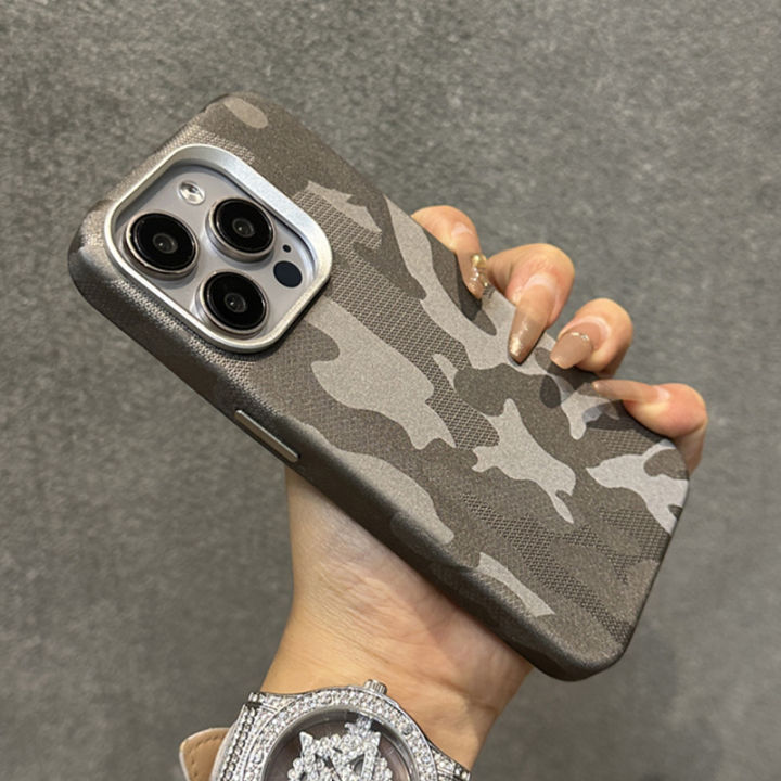 HOCE Camouflage Leather Magnetic Phone Cases For iPhone 12 13 14 15 16 Pro Max MagSafe Case Metal Camera Frame Protective Shockproof Cover