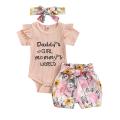 Infant Baby Girl 3 Pcs Outfit Sets, Letter Printed Ruffle Trim Short Sleeve Romper + Floral Print Shorts + Headband. 