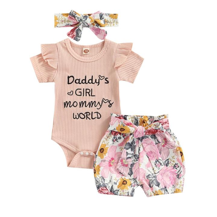 Infant Baby Girl 3 Pcs Outfit Sets, Letter Printed Ruffle Trim Short Sleeve Romper + Floral Print Shorts + Headband