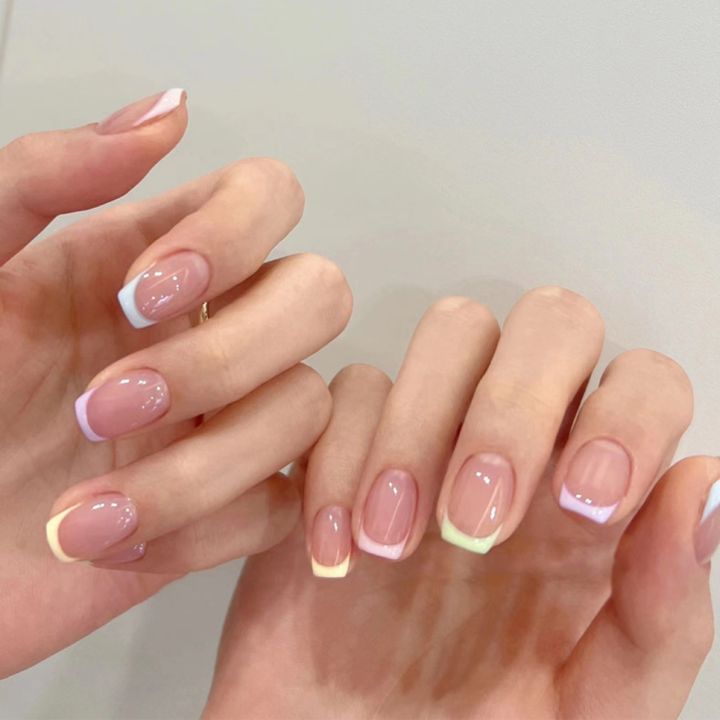 24Pcs Rainbow Five Color French Fresh Press on Nail Tips Wearable False Nails Art Premium Faux Acrylic Full Coverage Nails