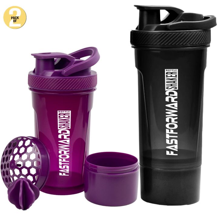 Fast Forward Shaker Bottle - 24 Ounce Protein Shaker Plastic Bottle for Pre & Post workout with Twist and Lock Protein Box Storage Pack of 2