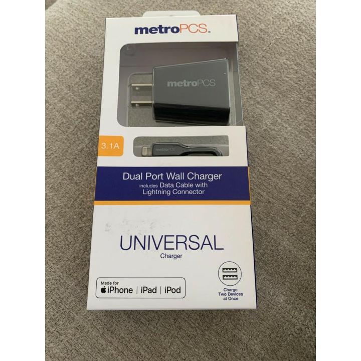 MetroPCS Universal 15W Dual Port 3.1 Amp Wall Fast Charger for iPhone 13 12 Mini Pro Max SE 11 11Pro XS XR X 8 Plus, Samsung Galaxy A52 A71 A51 S21+, Google Pixel 5a 4XL More  includes Data Cable with Lightning Connector Gray