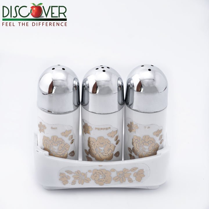 Discover CERAMICA 3pcs salt n pepper shaker with chrome lid n tray.