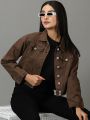 Spread Collar Crop Brown Denim Jacket. 