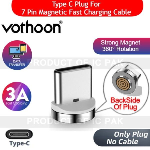 Magnetic Plugs/ Pins/ Connector For Magnetic Fast Charging Cable – 3 Ampere – 7 Pin Connector - Android / Micro USB - Type C – Apple iPhone iOS – Strong Magnet Connector - 360 Degree Rotation - Data Transfer Plug