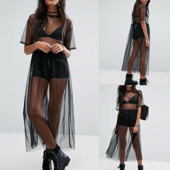 New%20Women%20Black%20Gauze%20Mesh%20Midi%20Sheer%20Maxi%20Tulle%20Long%20Dress%20Swimwear%20-%20Image%204