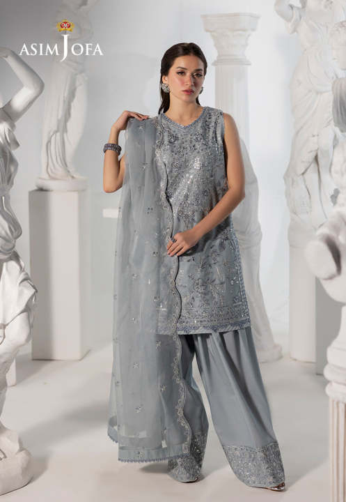 Asim Jofa Unstitched Embroidered Boski Silk 3 Piece Suit For Women And Girls - Grey- Collection: Izel - Designcode: Ajizl-17-Uns