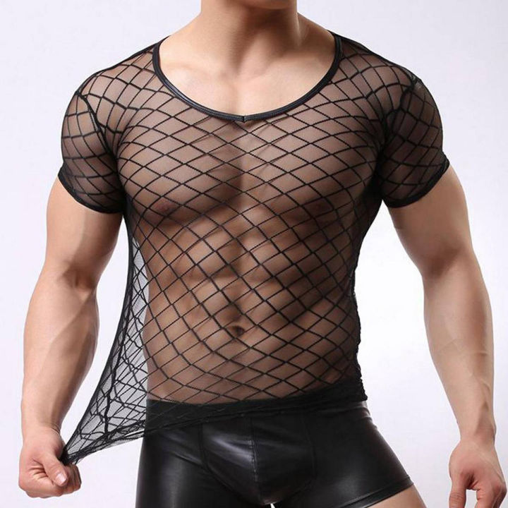 Night Club Men Short Sleeve Mesh T-Shirt Openwork Top