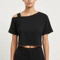 Black Plain Printed Cotton Off Shoulder Cropped T-Shirt For Women. 