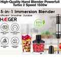 Hand Blender Set 5 in 1 | 2000w - High Quality 4 Stainless Steel Blades - Powerful Motor 2 Speed Blender - Egg Beater & Baby Food - Milk Frother - Immersion Blender With 600ml Beaker - Whisk - Juicer & Grinder - Meat Chopper -Food Processor Mixer. 
