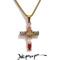 Yhpup Delicate Colorful Bling Cubic Zirconia Cross Pendant Stainless Steel Luxury Necklace High-Grade Fashion Shiny Jewelry Gift. 