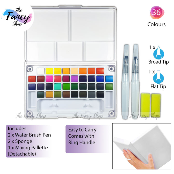 Art Nation Solid Watercolor Set - 36 Colors - 2 x Water Brush Pen & Mixing Palette