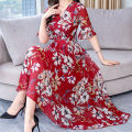 Yfashion Summer Floral Printing A-line Skirt For Women  V-neck Short Sleeves Dress Flared Sleeves Midi Skirt color. 