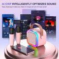 K12 Wireless Mic With Speaker - Single / Double RGB 7 Colour Dancing Light Karaoke Mic With Portable Bluetooth Microphone For Recording With Speaker For Music - 3 in 1 USB / AUX / SD Card Slot Karaoke Handheld Microphone - Black, Blue & Pink Colours. 