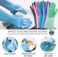 Magic Dish Washing Gloves With Scrubber, Silicone Cleaning Reusable Scrub Gloves For Wash Dish,Kitchen, Bathroom(Blue,1 Pair: Right + Left Hand). 
