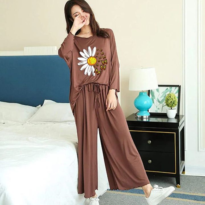 Brown Sunflower Printed Loungewear Night dress Night suit Night wear flapper style for women/girls