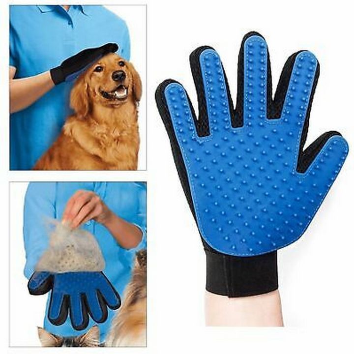 Pet Grooming Glove Best for Furry Pets Silicone Grooming Glove Blue Daraz.pk