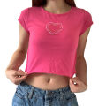 Women's Crop Tops, Round Neck Cap Sleeve Love-Heart Rhinestone Casual T-shirts, Pink. 