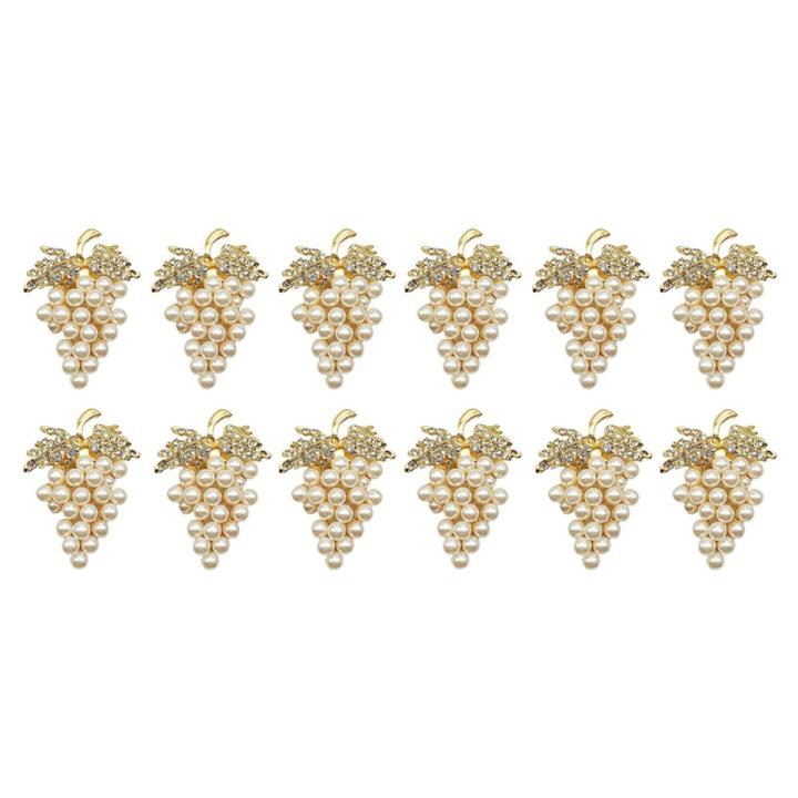 FLYEER Grapes Napkin Rings Set of 12, with Glittering Imitation Diamond and Pearls Inlay Alloy Napkin Ring Holder