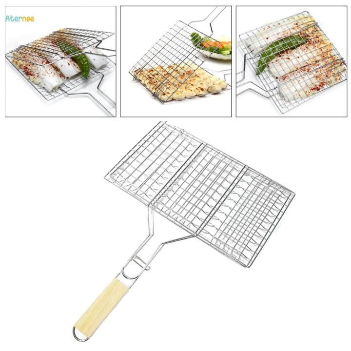 Barbecue Grill Rack With Handles Basket Nonstick with Wooden Handle Barbecue Rack for Grill ...