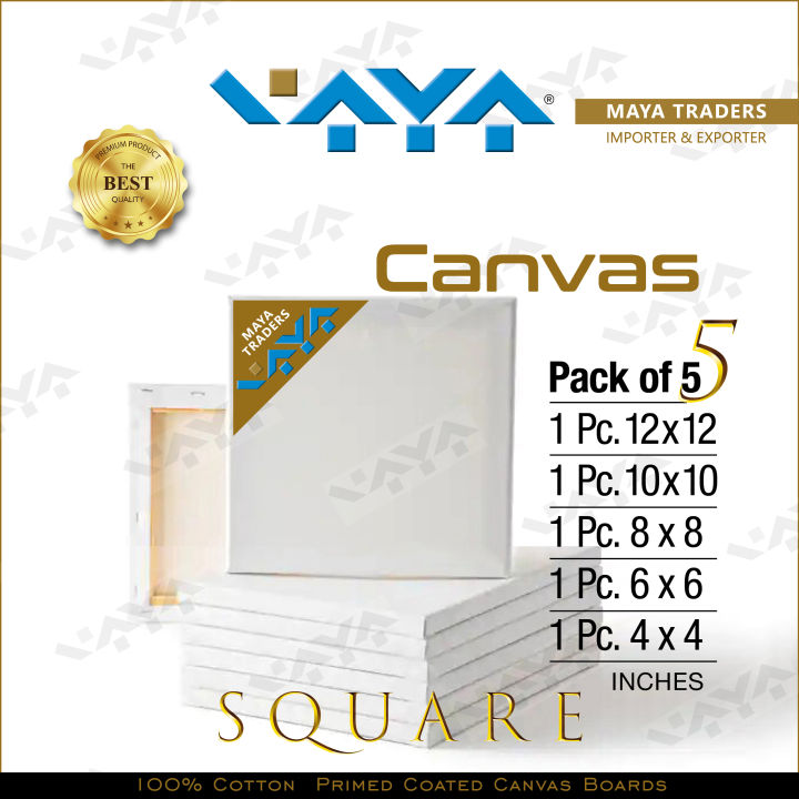 Maya Traders Pack Of 5 Mix Canvas - 4 x 4+ 6 x 6+ 8 x 8+ 10 x 10+ 12 x 12 Inches Cotton Primed Stretched Canvas Board For Acrylic & Oil Painting
