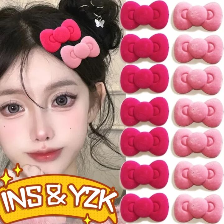 Headwear - For Girls Women - Fashion - Hair Ornaments - Sweet - Small Flocking Hairpins - Side Bangs Clip - Velvet Bowknot Hair Clips - Autumn Winter - Pink - Kawaii