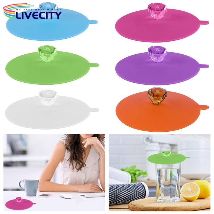 Tea Cup Lid Sparkling Silicone Cup Covers 6pcs Heat Resistant Lids for Cups Mugs Wine Glasses with Knob Multi-purpose Stylish Accessories Cup Lid with Rhinestones