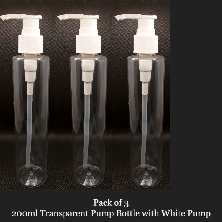 Pack of 3 - Clear Transparent Empty Plastic Pump Bottles 200ml -Travel Size Pump Bottle for Oil / Hair Oil Empty Bottle Pump 200ml