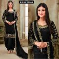 3Pc Black & Gold Embroidered Traditional Chiffon Patiala Suit For Women's/Girls AR-06-1 Black. 