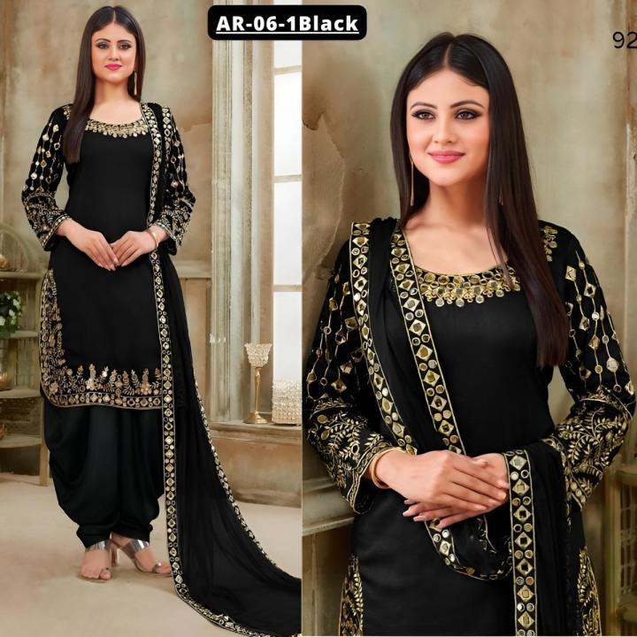 3Pc Black & Gold Embroidered Traditional Chiffon Patiala Suit For Women's/Girls AR-06-1 Black