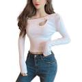Women Oblique Shoulder Long Sleeve Cut Out Embroidered Buckle Long Sleeve Basic Undershirts Slim Bodycon Shirt Tops. 