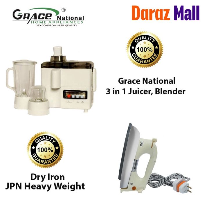 Combo Deal Grace National Dry Iron  JPN Heavy 3 in 1 Juicer, Blender Grinder