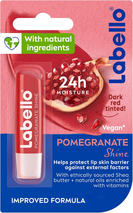 Labello Pomegranate Shine Lip Balm, 24H Melt-In Moisture, with Shea Butter and Natural Oils Enriched with Vitamins, with Natural Ingredients, Mineral Oil Free, Vegan