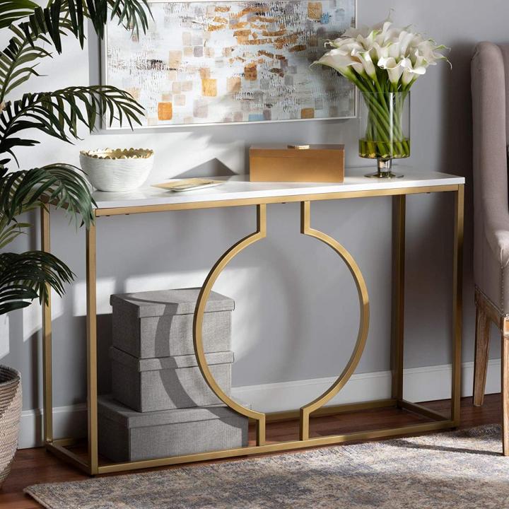 Console Table Marble Entrance Table, Wrought Iron Entrance Station Narrow Table Against The Wall - Light Luxury Semi Circle Console Table for Entryway and Hallway Decor