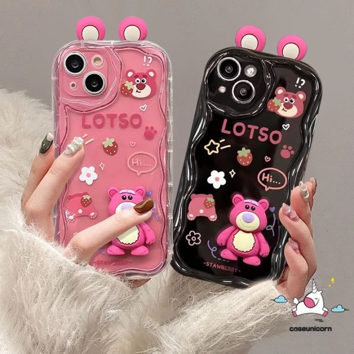 Cartoon 3D Doll Cute Strawberry Bear Lotso Phone Case For Redmi Note 12 10 11 9 8 10s Pro Max Redmi 9T 10C 9A A1 A2 10A POCO X5 M3 C55 MI 12 11 Lite Fashion Lovely Animals Wavy Curved Edge Soft Cover