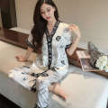 Multiple spring and summer ice silk Korean version short sleeved pants printed fat MM plus size women's sleepwear home suit set. 