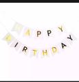 White Happy Birthday Banner with Background Golden Curtain and Balloons  Set. 