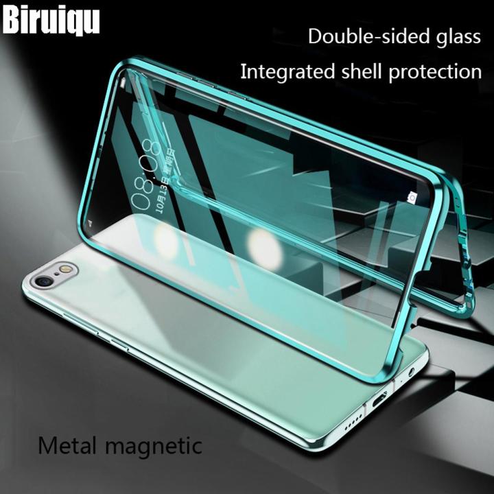 Biruiqu For iPhone 6 6s Plus Magnetic Absorption Case Metal Frame Shockproof Double Sided Tempered Glass Magnetic Case Cover