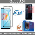 Oppo A54 Tempered Glass 9D Full Edge To Edge + Back Clear Jelly Protector Sheet Hydrogel Protector + Camera Protector Flexible Gorilla Protector 9H For Oppo A54. 