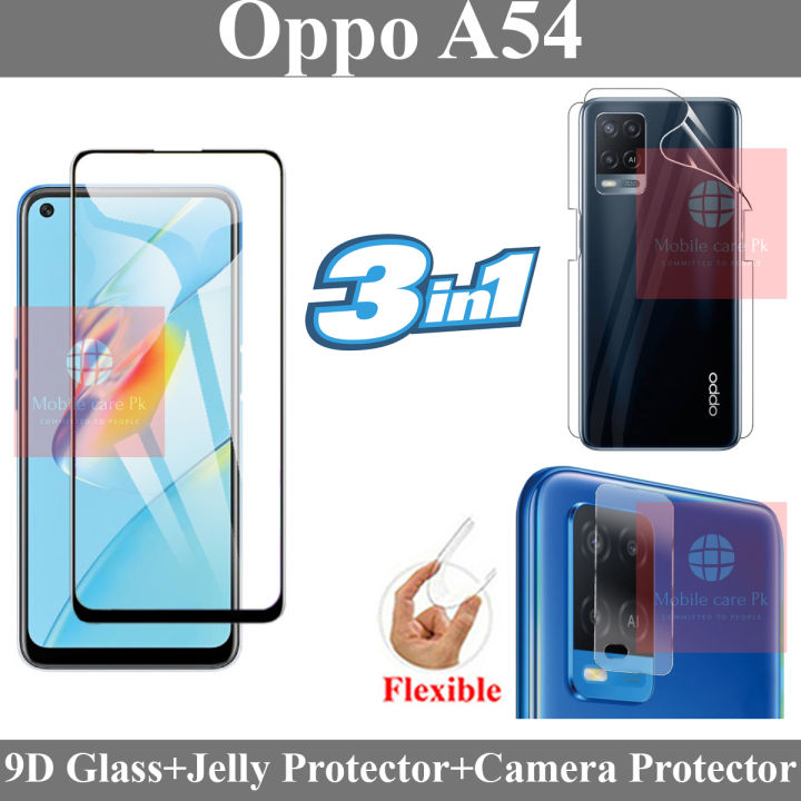 Oppo A54 Tempered Glass 9D Full Edge To Edge + Back Clear Jelly Protector Sheet Hydrogel Protector + Camera Protector Flexible Gorilla Protector 9H For Oppo A54