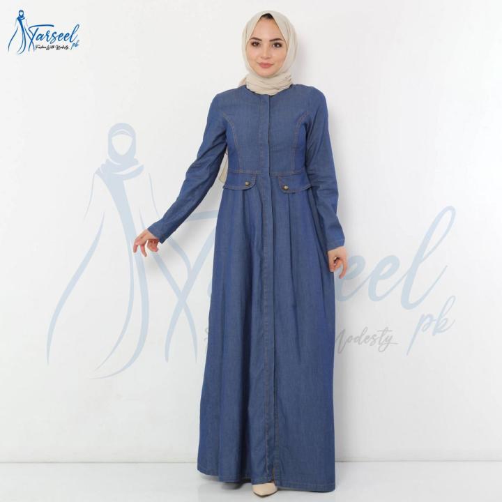 Tarseel Stylish Thread Design Blue Denim Abaya Front Open Abaya For Women Daraz.pk