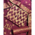 Sastaae 3 Pieces Unstitched Cotton Jacquard  Paper Cotton Banarsi Shirt, Trouser And Dupatta With Neckline And Tussles Trendy Party Wear Suit For Women & Girls Unstitched Fabric For Women. 