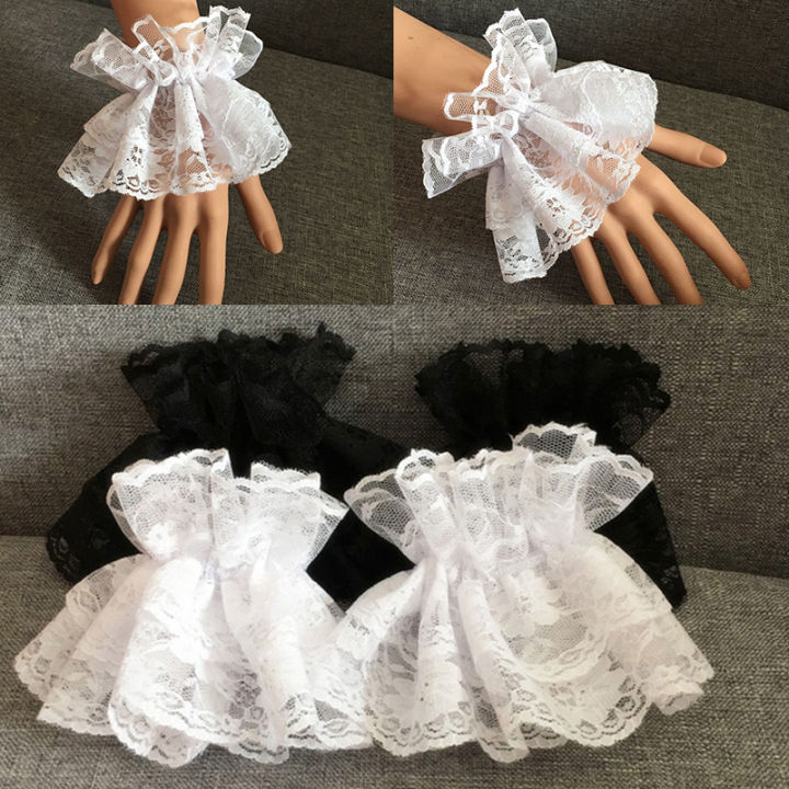 Superman Ruoias 1Pair Detachable Cuffs Women Flare Sleeve Floral Lace Mesh Pleated Ruched False Cuffs Sweater Lace Wristband Decoration