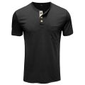 Men's Summer Henley Collar Tops, Solid Color Short-Sleeve Buttoned Decoration Slim T-shirt. 