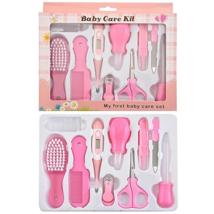 AA Mother & Baby 10Pcs Multi-Piece Baby Care Kit Newborn Hair Nail Thermometer Beauty Brush Kit Scissors Comb Teether Function Child Toiletry Kit Baby