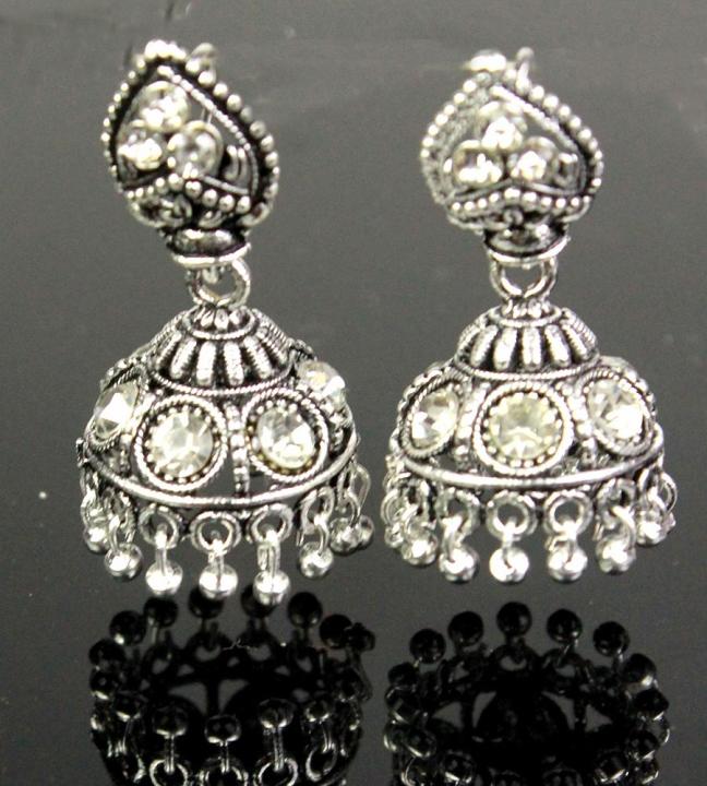 Silver%20Indian%20Style%20Medium%20Jhumkay%20With%20White%20Stones%20For%20Her%20-%20Image%203
