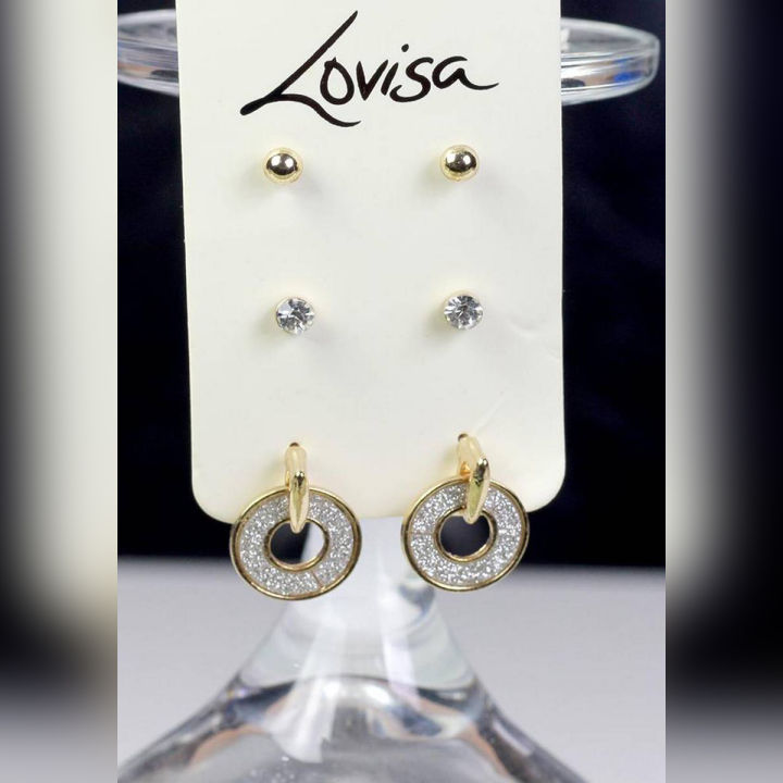 Lovisa Gold Plated Earrings With Glitter And Stones Fashion Jewelry Pack Of 3  For Girls, Women, Her High Quality