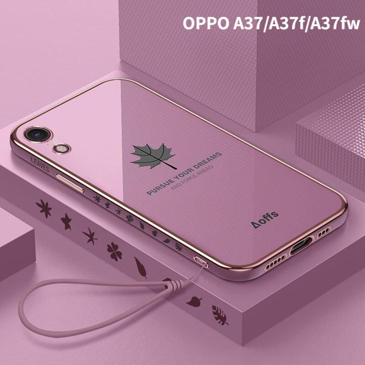 COROGI for OPPO A37 Back Cover with Lanyard Luxury Plating Maple Leaf Stylish Fancy Case Soft Silicone Square Mobile Phone Cases Pouch for Girls Boys