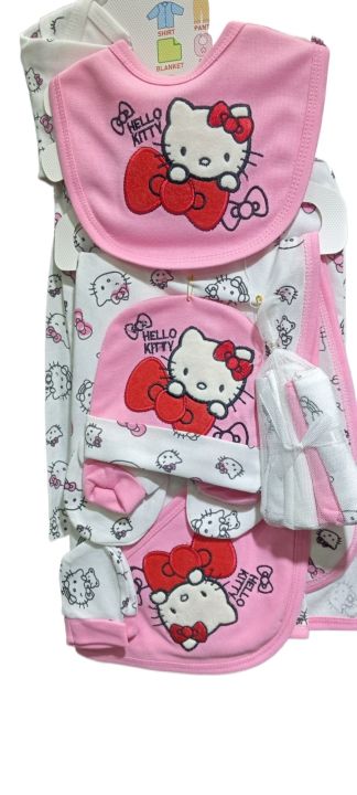 Newborn 12pcs Baby Hello Kitty Clothes Gift Set - Cotton Soft Jersy Fabric - Summer Stuff -  Pink and White