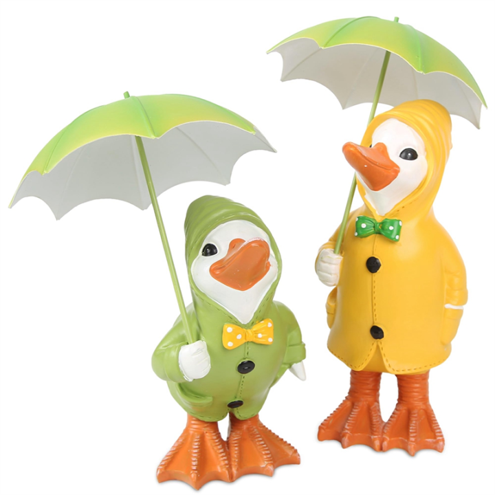 2PACK Dilly and Dally Garden Ducks Kit with Detachable Umbrella Garden Ornaments Outdoor Novelty Standing Sculpture Set
